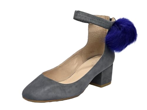 Cecelia New York Liv Ink Blue Suede Fox Fur Pom Pom Kitten Block Heel Dress Pump
