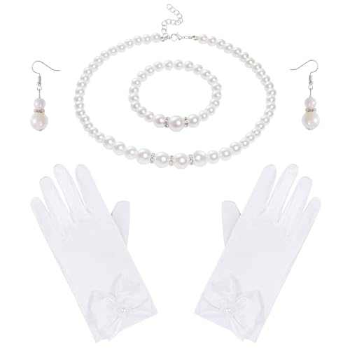 4Pcs First Communion Set White Pearl Necklace Communion Gloves Earrings Bracelet for First Communion Tea Party Wedding Accessories