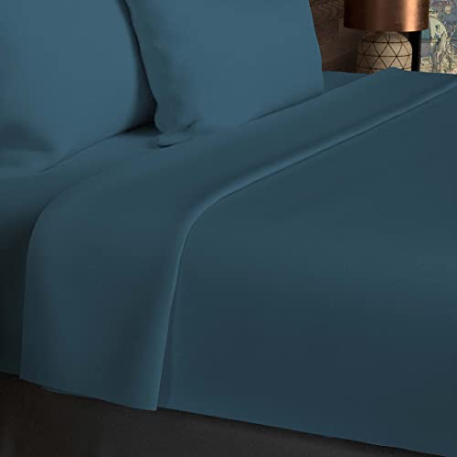 Soleil d'ocre, Drap Plat, Coton 57 Fils, Bleu Canard, 180x290 cm