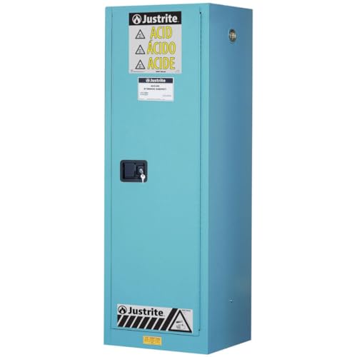 Image of Justrite Acid Corrosive Storage Cabinet - 22 Gallon 1 Door Slimline Manual Close Chemical Storage Cabinet with Removable Polyethelene Trays - 18 inch x 65 inch x 23 inch - Made in The USA - Light Blue - 892202