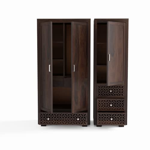Image of Wooden 3 Door Wardrobe for Bedroom, Almirah with 4 Drawers & Multiple Shelves Storage, Solid Sheesham Wood, Walnut Finish