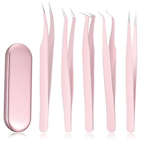 5 Pieces Tweezers for Eyelash Extensions Lash Tweezer Sets with Box Eyelash Extension Volume Tweezers Stainless Steel Eyelash Tweezers Eyelash Curved Tweezers for False Lash Application (Pink) Cover