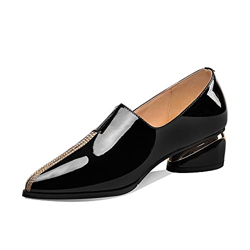 Image of TinaCus Women's Patent Leather Pointed Toe Handmade Stitches Low Chunky Heels Stylish Loafer Shoes(Black, US9)
