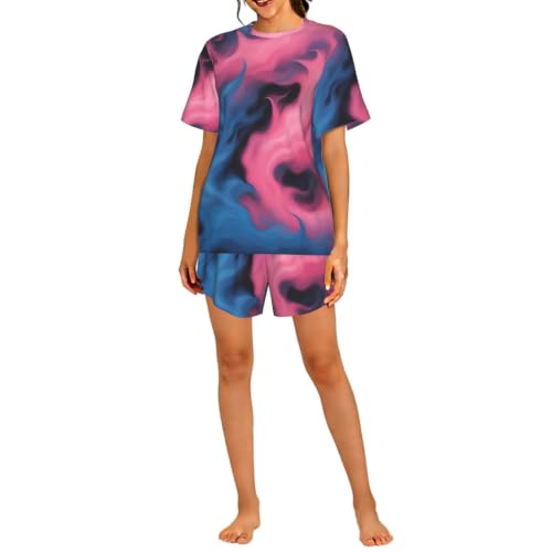 Pyjama court femmes feu bleu et rose ensemble vêtements de nuit doux