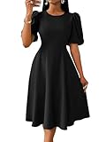Women's Black Puff Sleeve Midi Dress - Vintage Inspired A-Line Cocktail Party Dress for Evening & Special Occasions Large