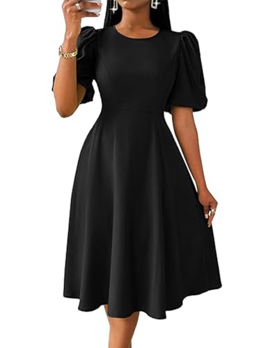 Women's Black Puff Sleeve Midi Dress - Trendy Vintage Inspired A-Line Cocktail Party Dress for Evening & Special Occasions XX-Large