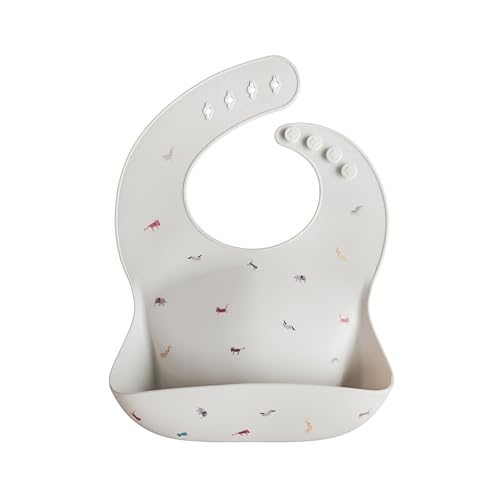 Image of mushie Silicone Baby Bib | Adjustable Fit Waterproof Bibs (Safari Light Grey)
