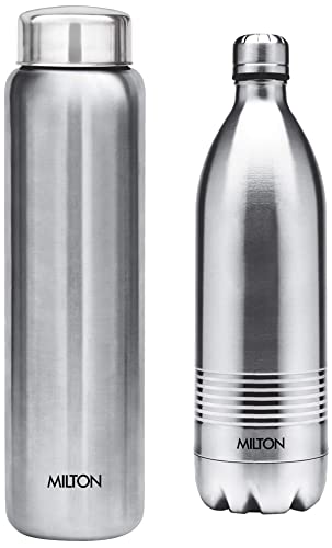 Image of Milton Thermosteel Duo Deluxe-1000 Bottle Style Vacuum Flask, 1 Litre, Silver + Aqua Single Walled Stainless Steel Fridge Water Bottle, 930ml, Silver Combo