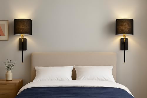 Image of CORAL TREE -Drum Black Cotton Shade with Metal Base Plate Wall Light Wall Lamp for Indoor Decoration Wall Lighting Living Room Hallway