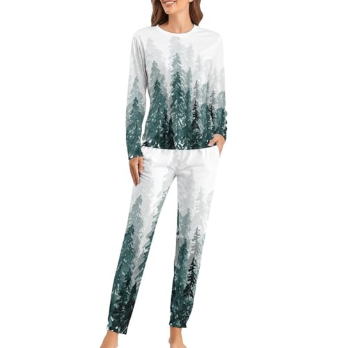 Pyjama Femme Arbre Vert Blanc : Ensemble Sleepwear en Coton Premium Doux
