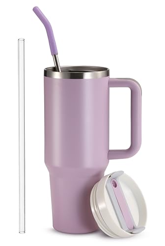 Image of KooK Stainless Steel Tumbler, with Straw and Handle, Leakproof, Vacuum Insulated Travel Coffee Mug, Reusable Double Walled Water Bottle, Keeps Hot or Cold, 40 oz, Lilac