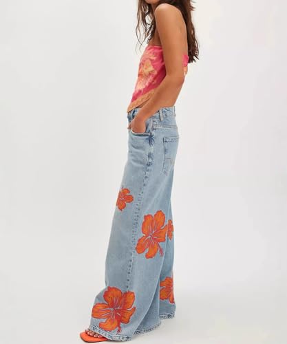 Women's Vintage High Waisted Wide Leg Jeans Baggy Washed Printed Denim Jeans2
