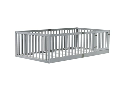 Image of Bellemave Twin Size Kids Montessori Floor Bed Frame with Door and Slats,Solid Wood Floor Bed Frame with Slats and High Fence for Kids,Girls,Boys,Gray
