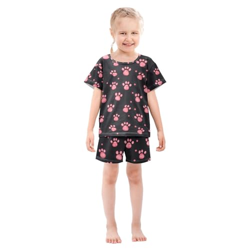 ALAZA Cute Dog Paw Print Polka Dot Black Pajamas Set Short Sleeve Cotton Sleepwear Summer Pjs 2 Piece 5-14Y3