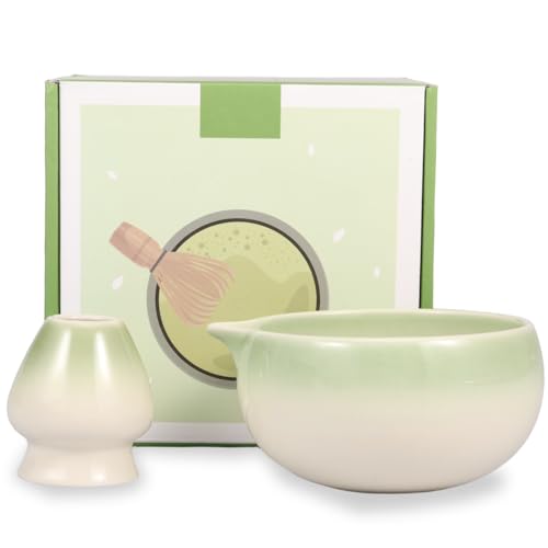 Cuenco de Matcha con vertedor 20 oz de cerámica Matcha Bowl Chasen, gradiente Chawan, caja de regalo para los amantes del té (verde)
