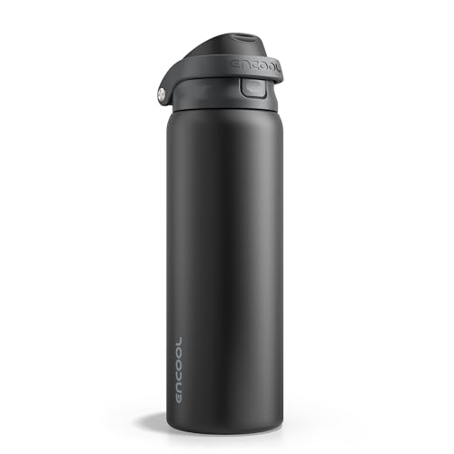 ENCOOL Leakproof Insulated Water Bottle with Straw Dual-Sip Water Bottle Bag-Safe Design for Work, Commute & Gym – Keeps Drinks Cold All Day, 24 oz, Jet Black