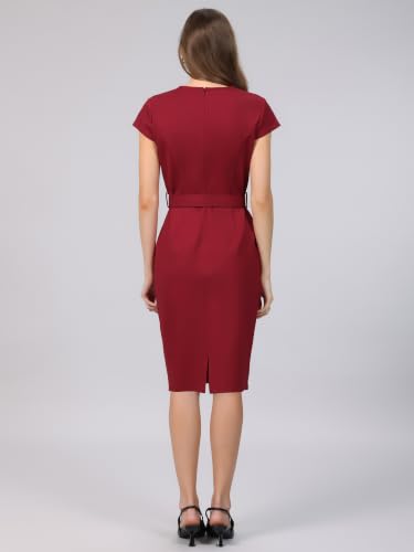 Image of Hobemty Women's Knee Length Pencil Dress Cap Sleeve Belted Wear to Work Sheath Dresses