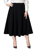 Moon Wood Women's Plus Size Midi Skirt High Elastic Waist A-Line Flared Skater Skirts with Pockets Black