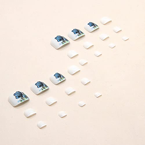 Qingge Press On Toenails White Square Fake Toenails With Blue Butterfly French Fake Nails Acrylic Toe Nails For Women Glossy Toe Nail Tips Glue On Toenails 24Pcs #TOP4