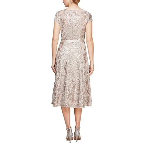 Image of Alex Evenings Women's Tea Length Dress with Rosette Detail (Petite and Regular)