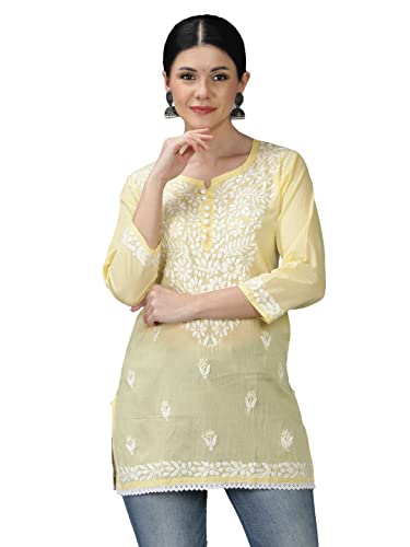 Image of Seva Chikan Hand Embroidered Lucknowi Chikankari Cotton Short Top Tunic for Women SCL9017