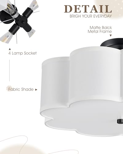 Image of Black Semi Flush Mount Ceiling Lights, 4-Light 18 inch Ceiling Light Fixtures with Fabric Shade in Flower Shape, Farmhouse Drum Lighting for Nursery Bedroom Kitchen, AD-22009-4SF-BK