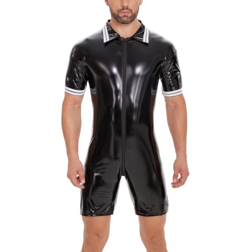 Mono de cuero para hombre sexy bodysuit wetlook media manga de látex