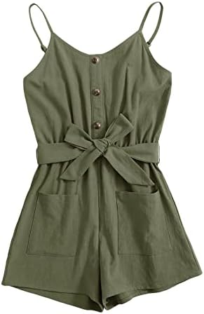GAMISOTE Girls Romper Strappy Sleeveless Button Tie Front Jumpsuit With Pockets Army Green