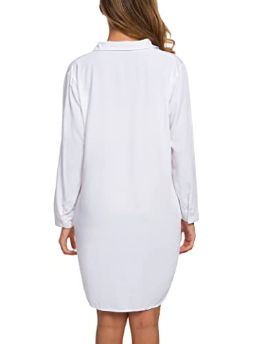 Manaixuan Women's Oversized Shirt Dress V Neck Long Sleeve Loose Casual With Pockets Front Button White #TOP4