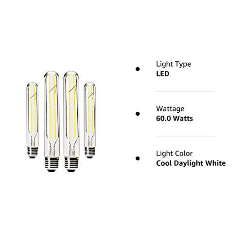 Dimmable T10 Led Bulbs,4000K Daylight White ,6W Tubular Light Bulb, Edison Led Bulb 60 Watt Equivalent,E26 Medium Base 600Lm, Clear Glass Cover,7.3In(185Mm),4-Pack #TOP7