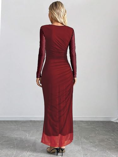 Image of Womens Long Sleeve Maxi Dress Mesh Bodycon Spring Fall Formal Wedding Guest | Tie Dye Ruched Night Out Cocktail Party Long Dresses