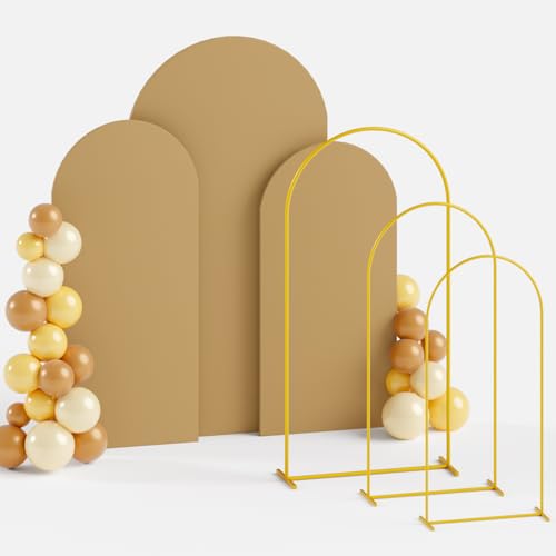 ROMANKAS Metal Arch Backdrop Stand and Cover Set 6&6.6&7.2ft Gold Wedding Arch Frame Set of 3 Khaki Arched Cover Arches Backdrop Stand for Parties Birthday Baby Shower Reception
