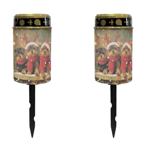 Image of Christmas Puppy Solar Flame Lights, 2 Pack | Xmas solar power outdoor candle, water resistant, led flameless candle for grave decoration, outdoor use