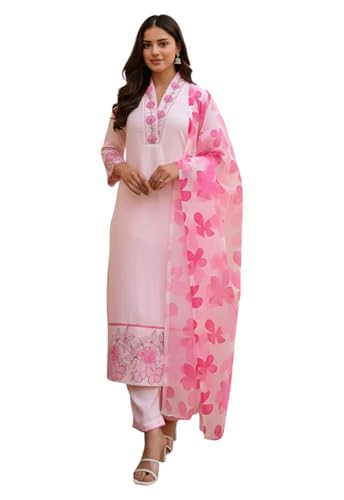 Ensemble traditionnel en Chanderi rose avec dupatta finitions luxe