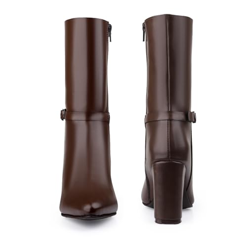 Image of Women's 3.5 Inch Block Heel Height, Classic Leather-Stylish Mid Calf (Half Boot) Buckle Boots