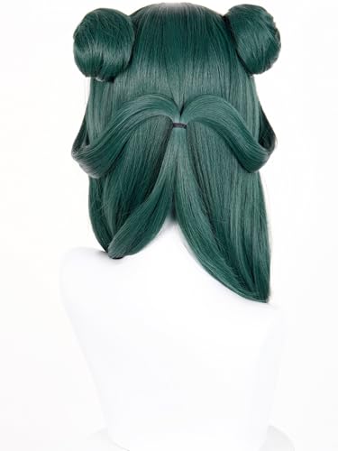 Image of Half and Half Maomao Cosplay Wig with Double Buns & Bangs, 19'' Long Dark Green Anime Ponytails Wigs Pigtail Hair Wig for Women Halloween Party Daily