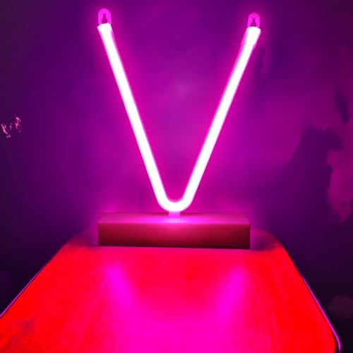 Image of V Letter Pink Neon Signs Led Neon Light up Decorative Art Lights Battery /USB Operated for Home Shop Bar Baby Shower Birthday Wedding Party,Valentine Gifts