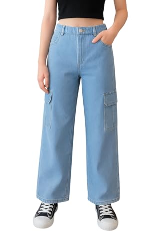 Image of ADBUCKS Stretchable High Rise Cargo Style Wide Leg Jeans for Girls II Girls Jeans