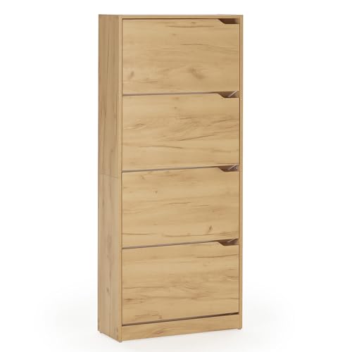 HOMN LIVING Meuble à Chaussures Ángel avec 4 Portes, Couleur chêne Clair, Meuble d'appoint, 63 cm (Largeur) 24 cm (Profondeur) 150 cm (Hauteur)