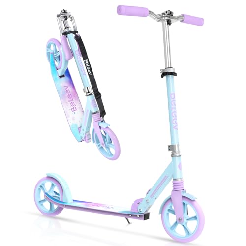 BELEEV V5 Scooters for Kids 6 Years and up, Folding Kick Scooter 2 Wheel for Adults Teens, 4 Adjustable Handlebar, 230mm Big Wheels, Lightweight Sports Commuter Scooter, up to 220lbs(Blue Purple)