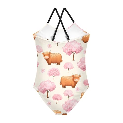 Cute Highland Cow Ox Flowers Floral Girls One Piece Swimsuit Beach Swimwear 23017102