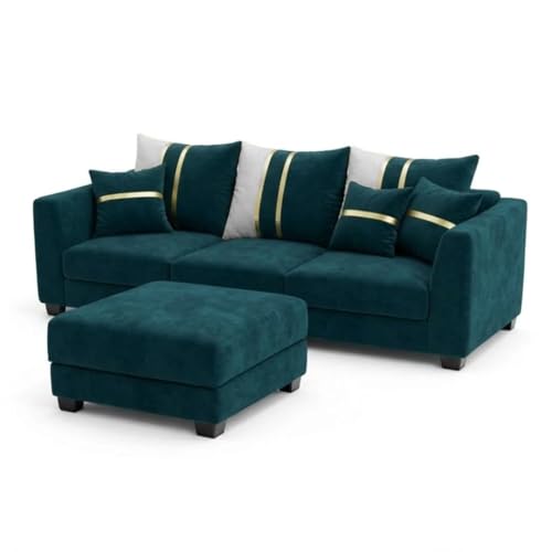 Image of Vero 4 Seater L Shape Sofa Set with Movable Ottoman | Flexible Left or Right Layout | Luxury Velvet Suede Fabric | Modern Living Room Sofa | Green Teal