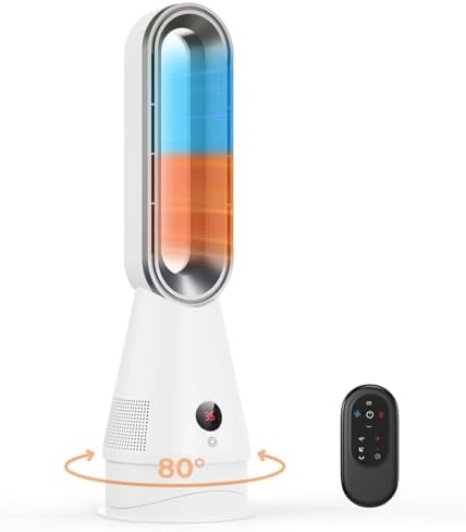 LEBKOVL 2-in-1 Energiesparend Rotorloser Ventilator & Heizlüfter mit Fernbedienung, 1600W, 30dB Leiser, 80° Oszillation, 25° Neigungsverstellung, 9H Timer, 20-35°C Temperatur für B