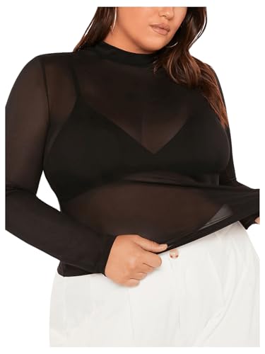 COZYEASE Women's Plus Size Sheer Mesh Tops Mock Neck Long Sleeve Tee Tops Trendy Slim Fit Clubwear4