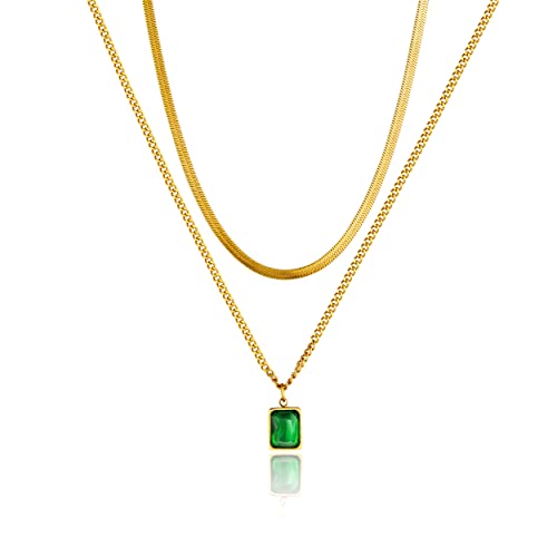 Tasiso 18K Gold Plated Layered Herringbone Choker Necklace Stainless Steel Flat Snake Chain Necklace Emerald Green Zircon Glass Crystal Pendant Necklace For Women #TOP4