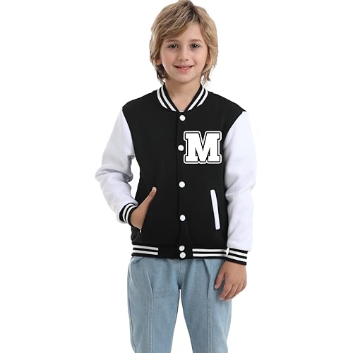 Icibgds Chaqueta de béisbol para niños y niñas, con estampado de letras, informal, ligera, uniforme escolar con botón, Negro-M, 12 años