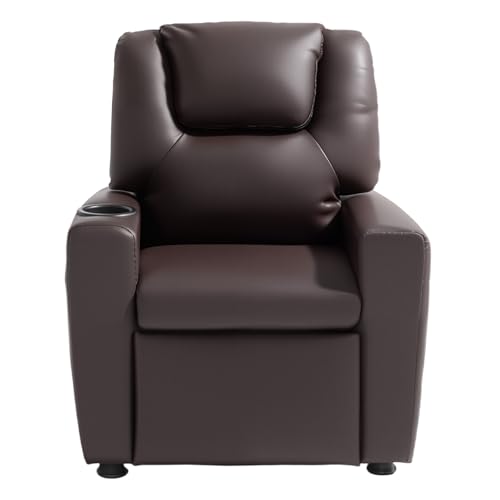 Image of VEVOR Kids Recliner, Toddler Recliner with Cup Holder, 101 to 121 Adjustable Backrest, Push Back PU Leather Kids Reclining Chair Couch with Footrest & 90 lbs Load, Ideal for Child Ages 1-6, Brown