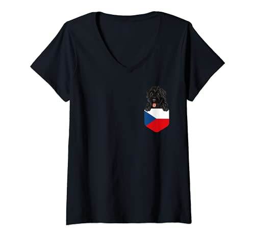 Womens Czech Republic Flag Bouvier des Flandres Dog In Pocket V-Neck T-Shirt, Black