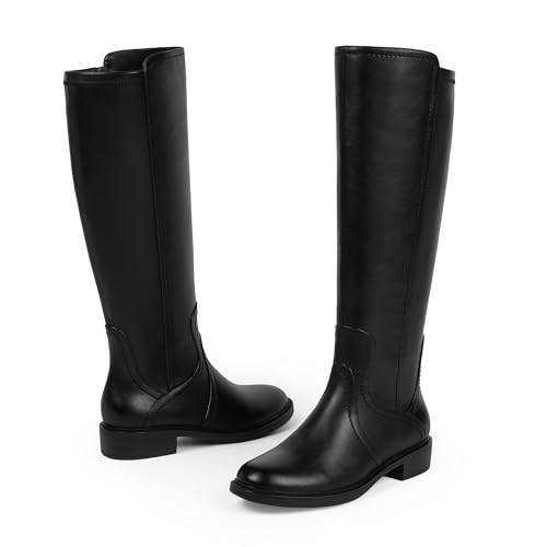 Knee High Boots Women Faux Leather Elastic Boots Low Heel Round Toe Side Zipper Fall Long Tall Boots for Women3