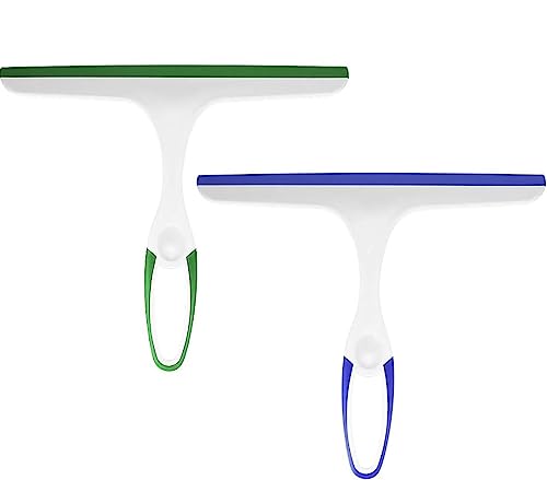 BANSHAN window wiper, shower wiper, glass cleaning rubber blade, plastic cleaning wiper mirror, bathroom, window, floor, glass, 2 pieces (blue, green)